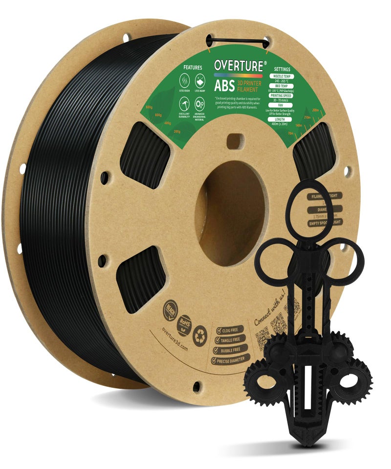 OVERTURE ABS Filament 1.75mm, High Strength & Heat-Resistant 3D Printer Filament, Low Warping, Excellent Durability, ABS 1kg (2.2lbs) Cardboard Spool, High Precision +/- 0.02mm (Black 1-Pack) - Image 1